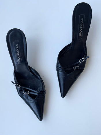 Sergio Rossi black leather bondage 2000’s kitten heel mules