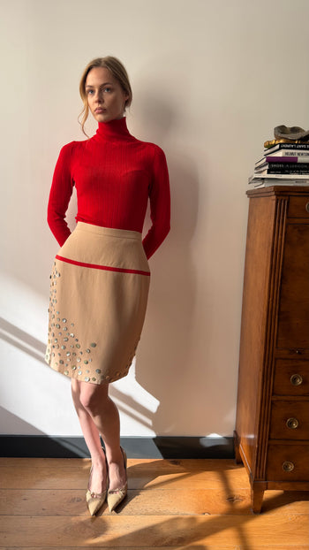 Chanel pear shell button appliqué vintage wool skirt