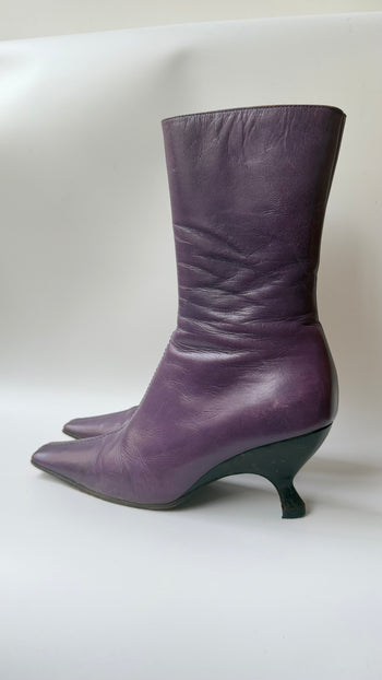Miu Miu purple square toe kitten heel boots