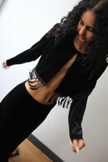 1990’s British vintage tasseled velvet maxi skirt suit set