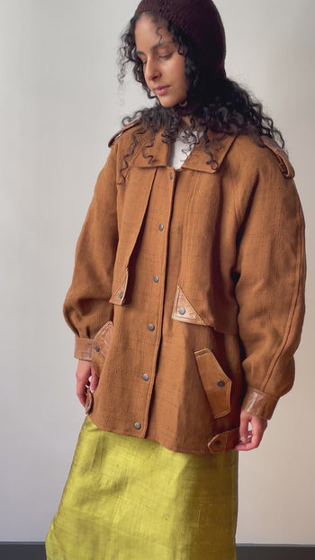 1980’s vintage camel linen blend bomber jacket with leather detailing