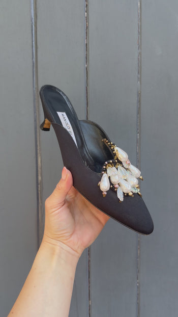 Manolo Blahnik vintage evening mules with faux pearls 37.5
