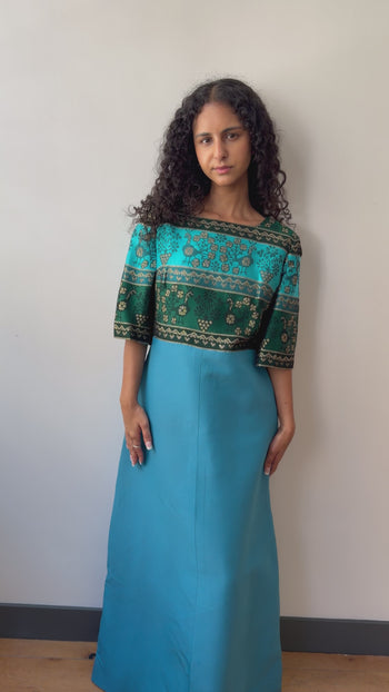 1970’s maxi silk & wool turquoise gown dress
